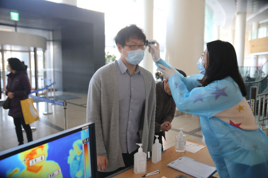 분당서울대병원 의료진이 방문객의 체온을 측정하고 있다.  분당서울대병원 제공